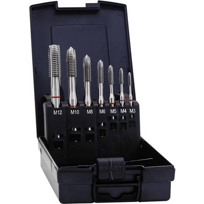 Set di maschiatori in metallo in diverse dimensioni (M3 fino a M12) in un contenitore nero aperto. Strumenti principali per la filettatura.