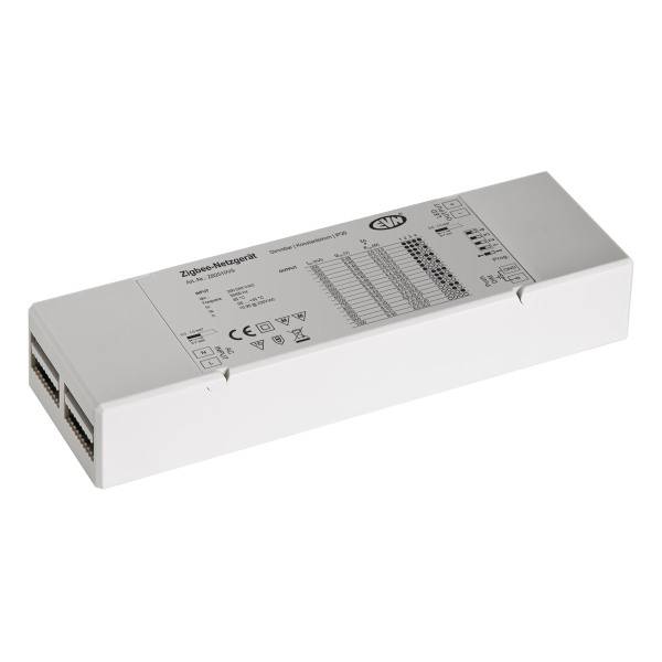 Un controller per smart home bianco con più porte di connessione e specifiche tecniche sulla superficie superiore.
