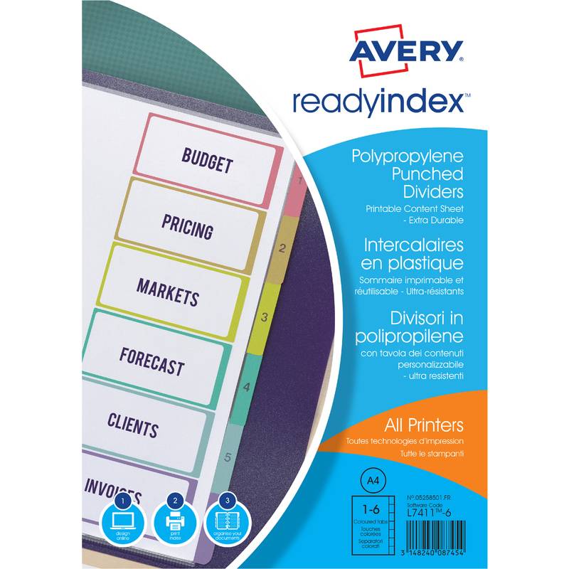 AVERY Intercalaires Readyindex, PP, 6 touches, A4 polypropylène transparent, touches couleur assorti, - 1 Stück (0525850-0