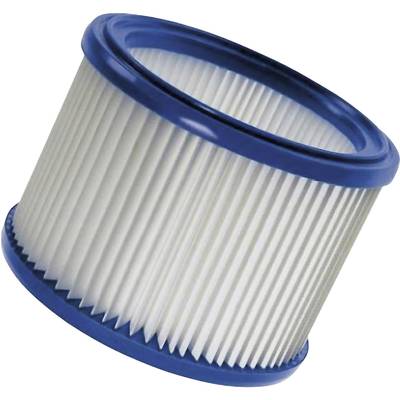 Un filtro cilindrico con bordi blu e pieghe bianche per la filtrazione.