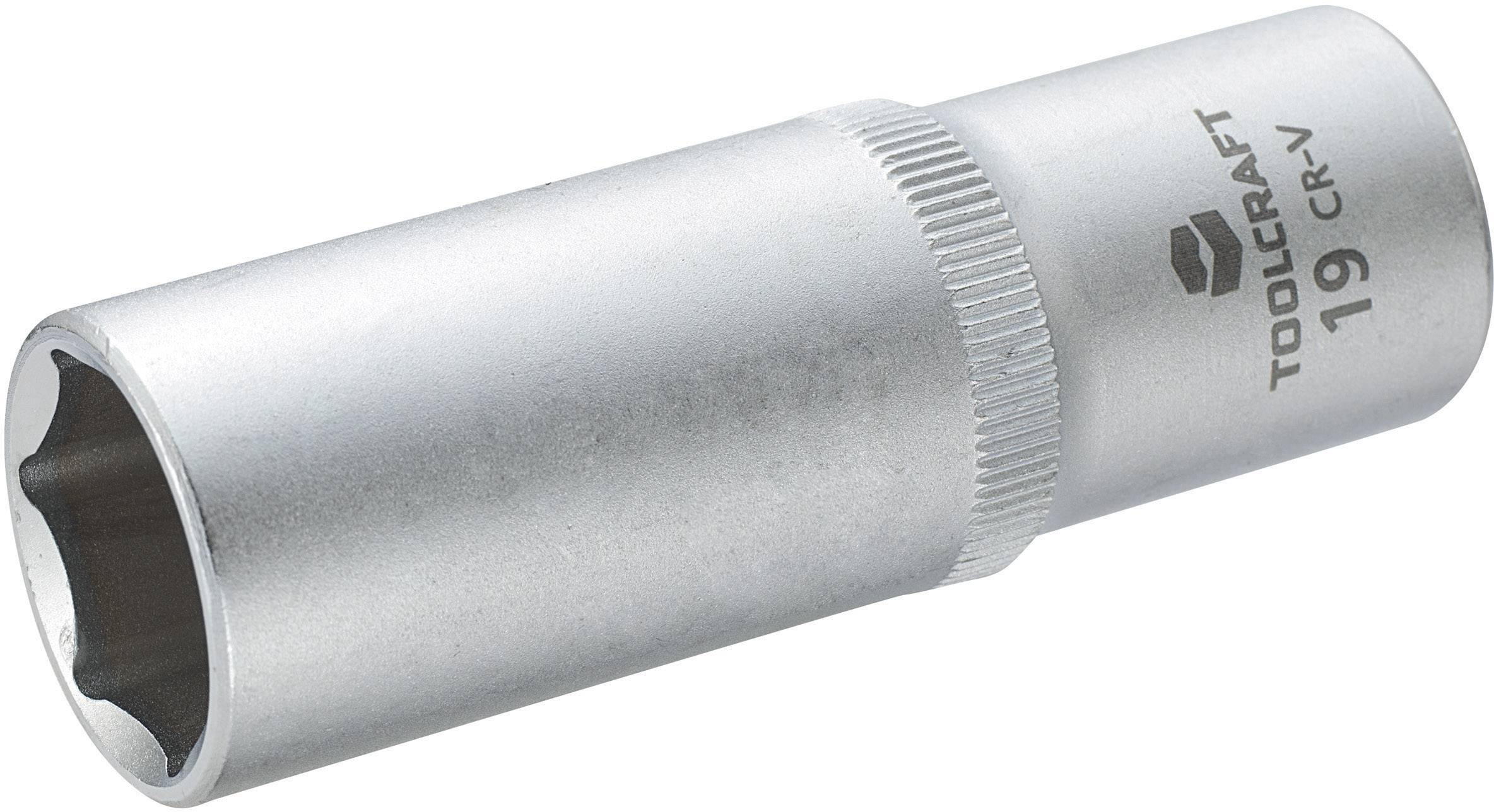 Inserto chiave a bussola in metallo misura 19 mm, forma esagonale, con marcatura 'TOOLCRAFT 19 CR-V', per montaggio manuale o meccanico.