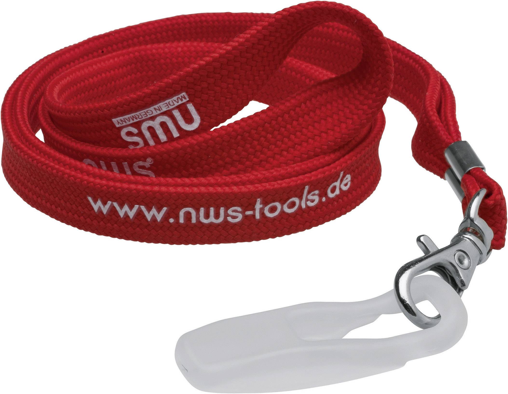 Fascetta/Cinghia rossa con clip metallica, impugnatura in plastica bianca; Testo: 'www.nws-tools.de'. Utilizzabile per trasportare o fissare oggetti.