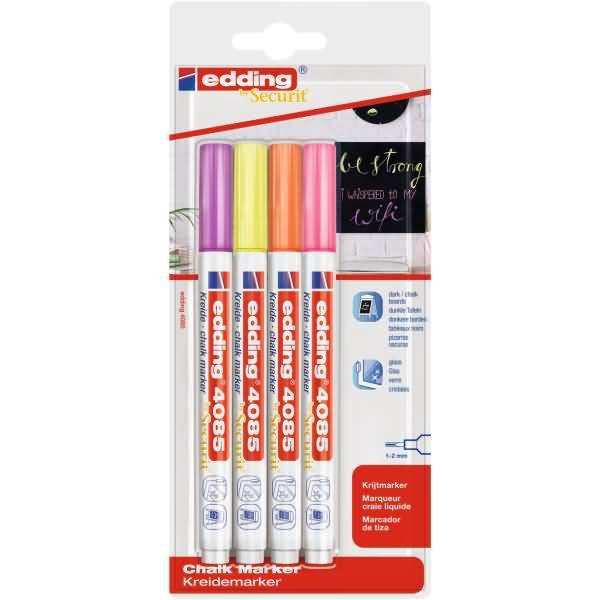 Edding 4085 Neon Confezione da 4 pennarelli a gesso liquido - Punta rotonda - Tratto 1-3 mm - Odore neutro - Colori lamp-0