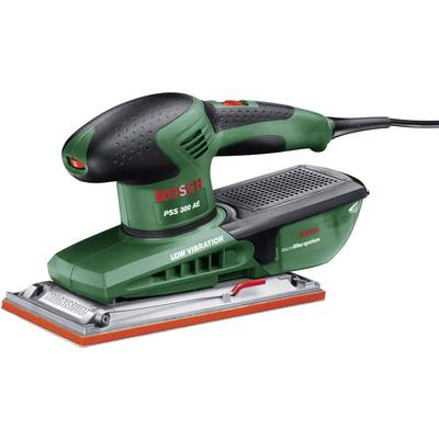 Levigatrice elettrica Bosch, modello PSS 300 AE, colore verde-nero, con scatola raccoglipolvere, adatta per la levigatura di superfici lisce.