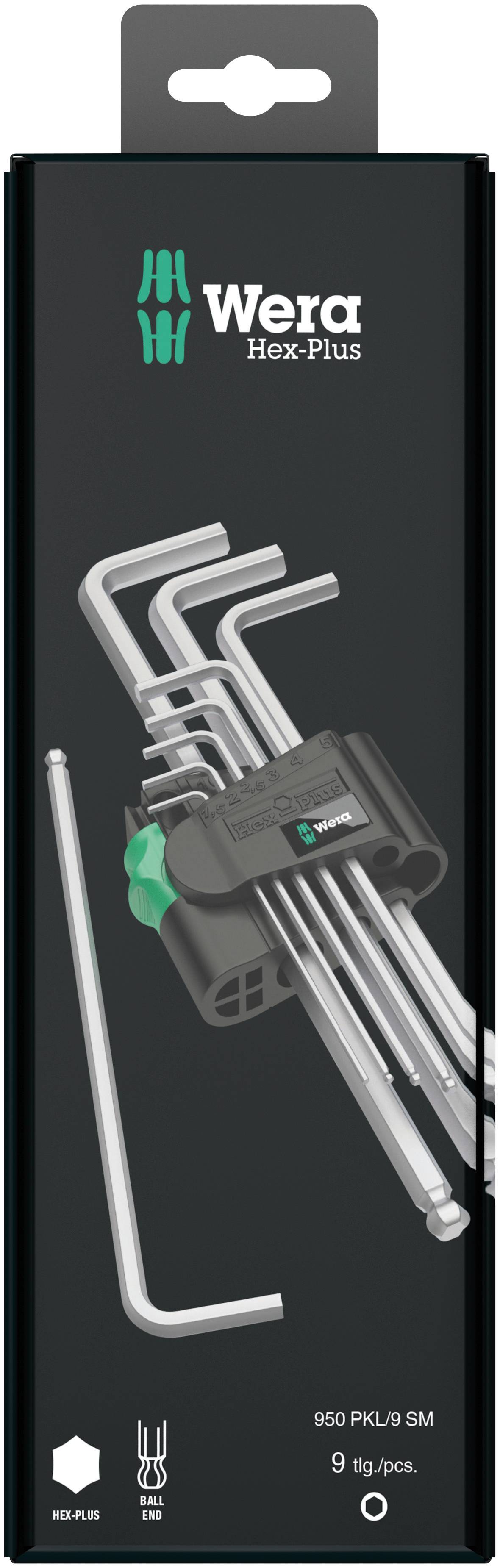Confezione con set di nove chiavi a brugola argentate di dimensioni diverse, marca 'Wera Hex-Plus', con supporto verde e nero.