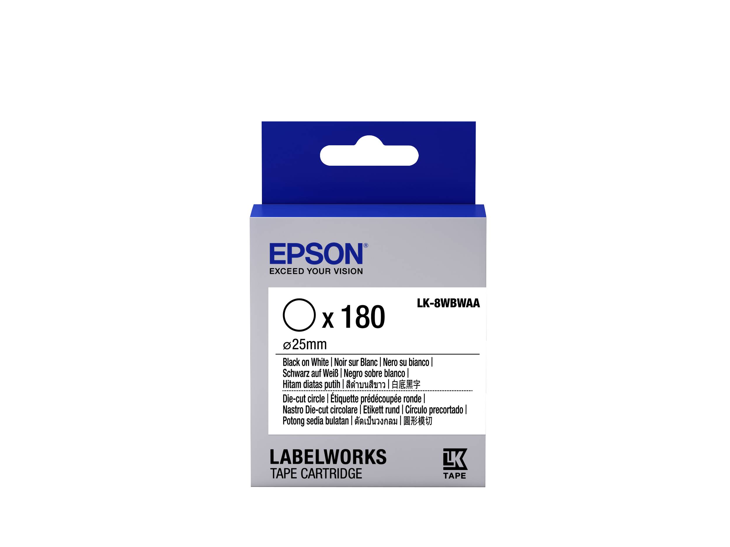 Epson Nastro fondo pretagliato circolare Bianco per testo Nero, Die-Cut D25mm/180 etichette LK-8WBWAA-1