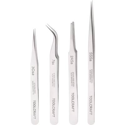 Quattro pinzette in acciaio inossidabile di forme e punte diverse: diritte, curve e con punta fine, tutte con la scritta 'TOOLCRAFT'.