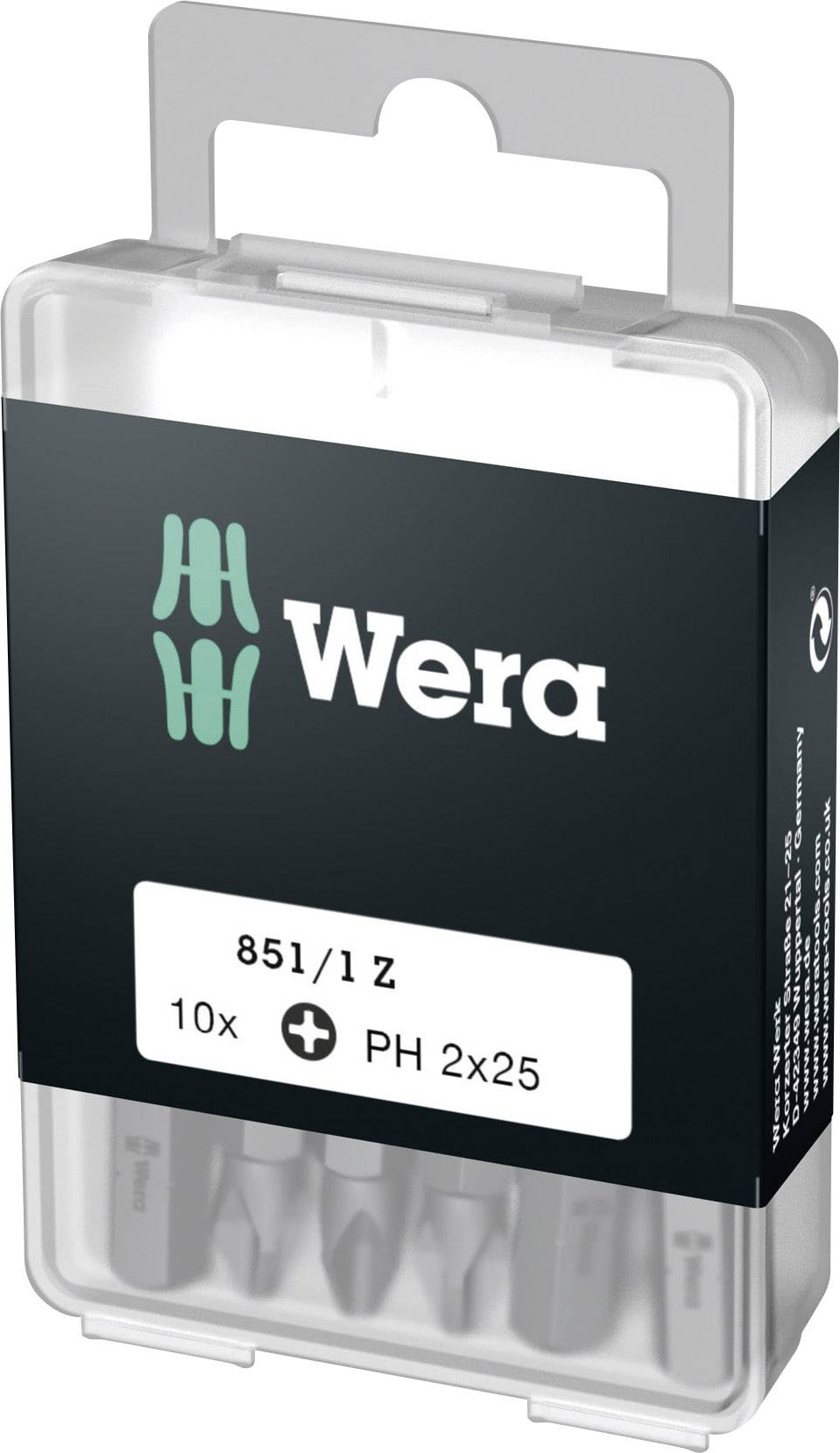 Un set di 10 inserti per cacciavite PH 2x25 Wera, modello 851/1 Z, in un imballaggio trasparente in plastica.
