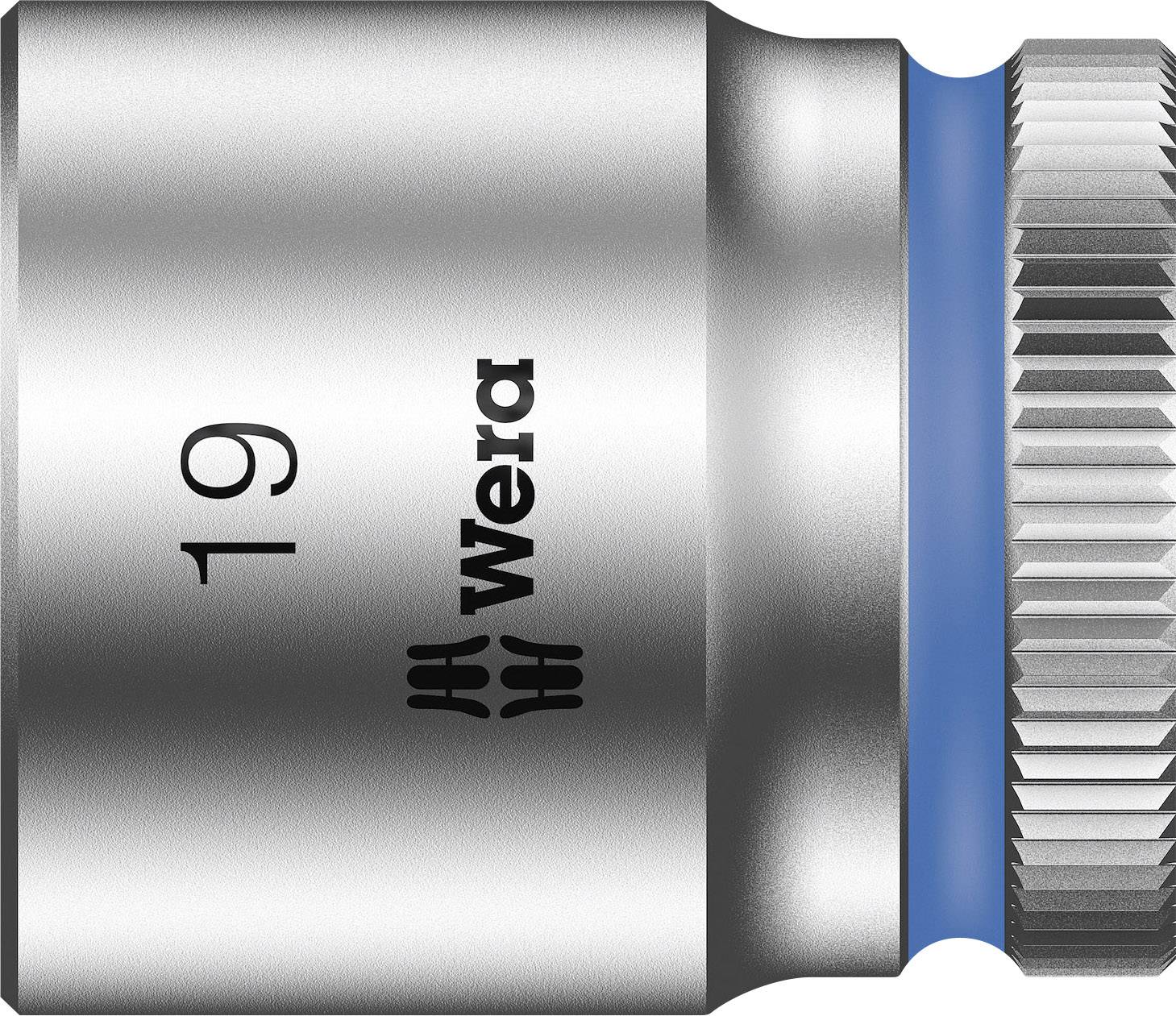 Inserto per chiave in metallo con incisione '19' e 'Wera'. Superficie argentata con anello blu.