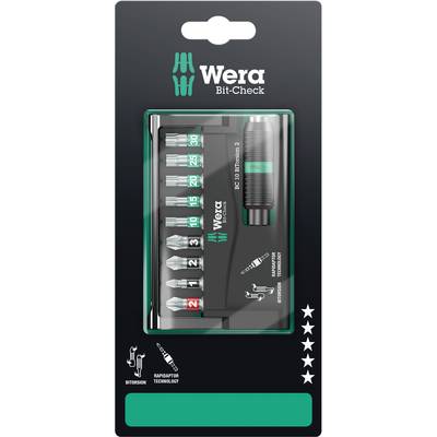 Set 'Wera Bit-Check' con bit per avvitare e portabit, confezionato in blister. Contiene dieci bit diversi.