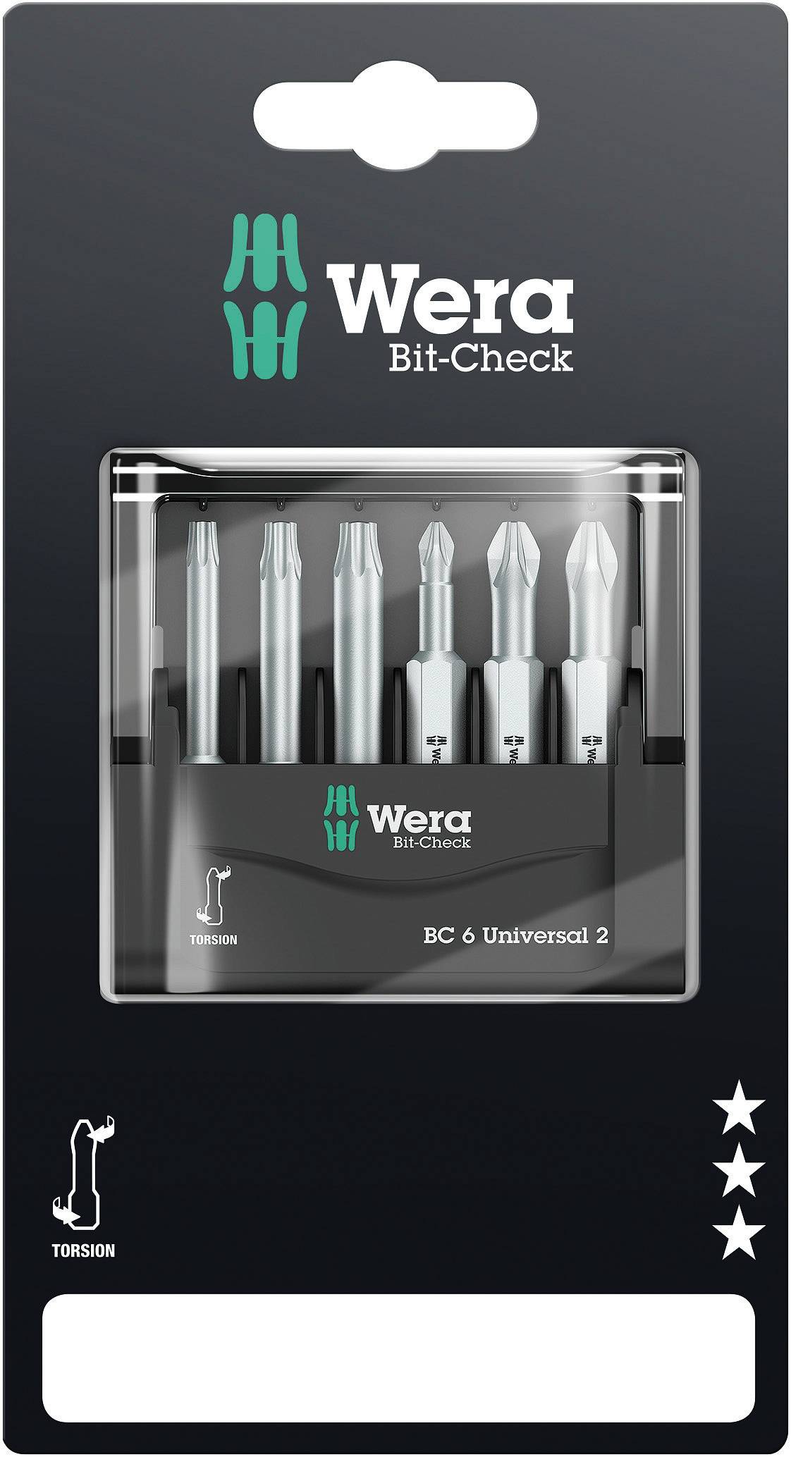 'Wera Bit-Check BC 6 Universal 2' Set di bit, 6 pezzi, per diversi tipi di viti, in una scatola di plastica, fronte confezione.