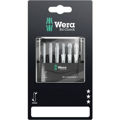 'Wera Bit-Check BC 6 Universal 2' Set di bit, 6 pezzi, per diversi tipi di viti, in una scatola di plastica, fronte confezione.