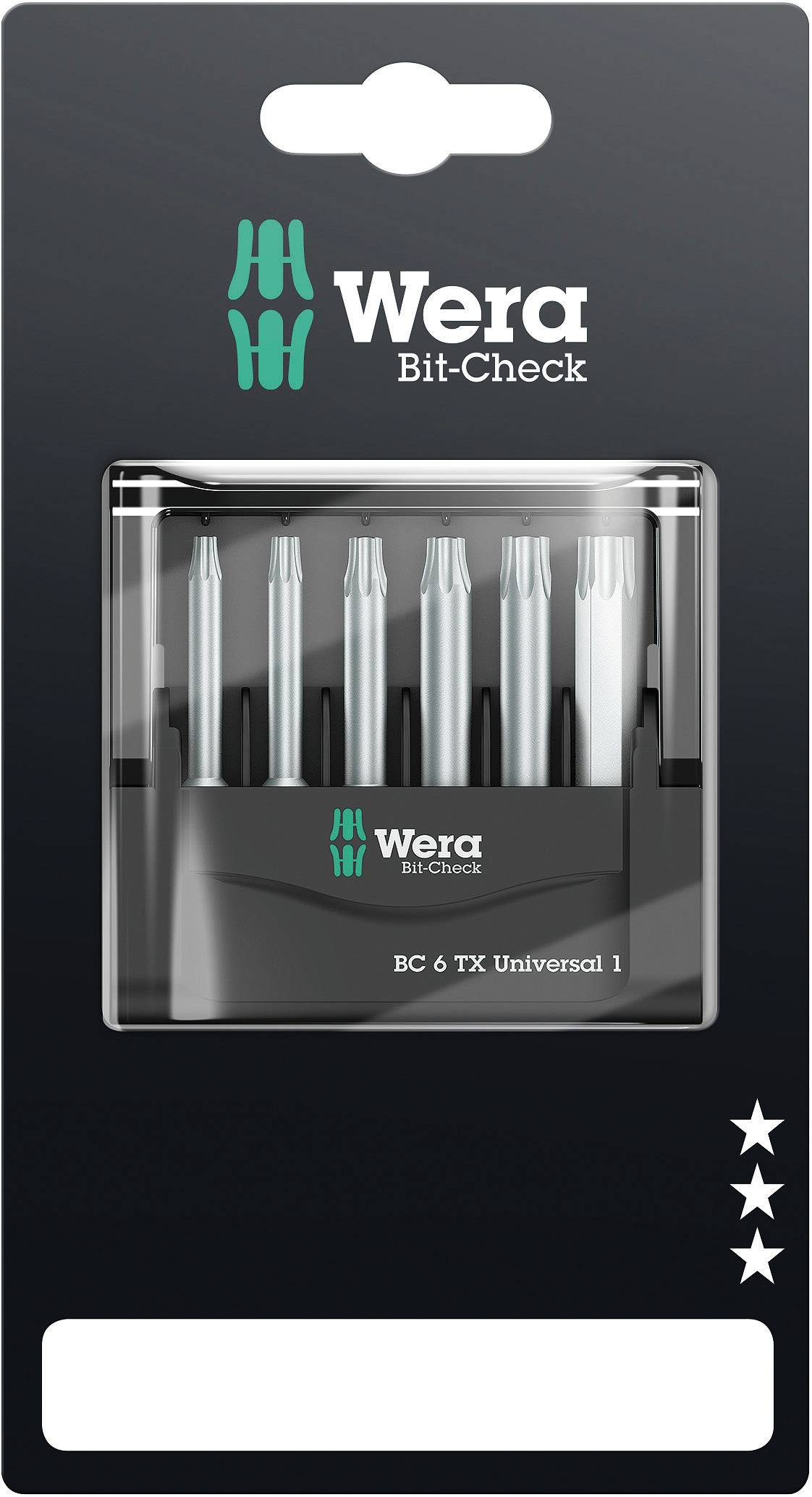 Confezione di Wera Bit-Check, 6 bit per viti Torx. In alto il logo verde Wera. In basso tre stelle bianche.