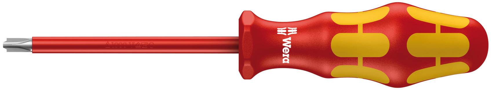 Un cacciavite rosso con impugnatura gialla e punta piatta, adatto per applicazioni elettriche.