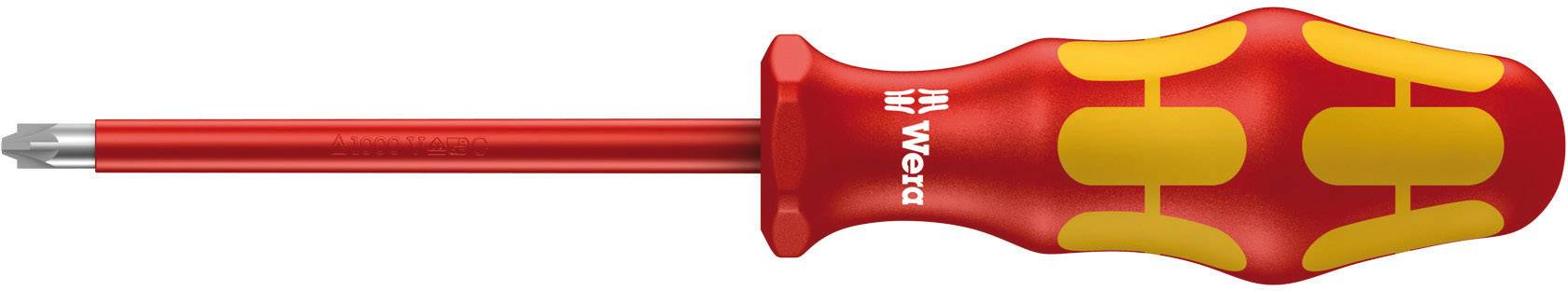Un cacciavite rosso e giallo con impugnatura ergonomica; nome del marchio visibile sul manico.