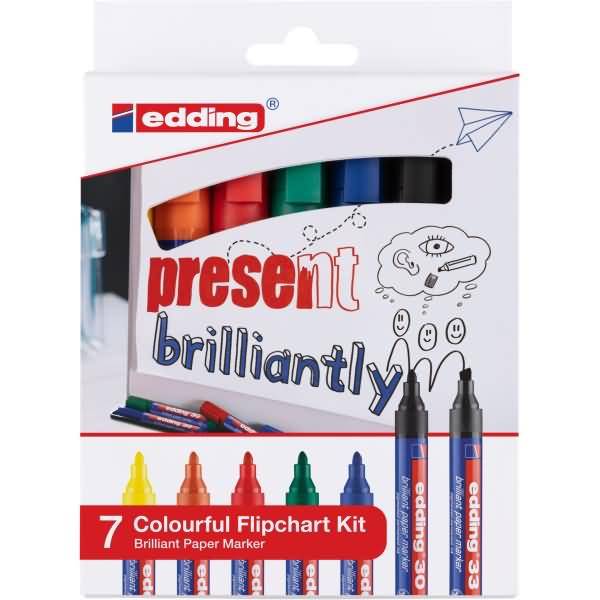 Edding Colourful Flipchart Kit Permanent-Marker Sortiert Schwarz - Blau - Grün - Orange - Rot - Gelb 7 Stück(e) (4-3033--0