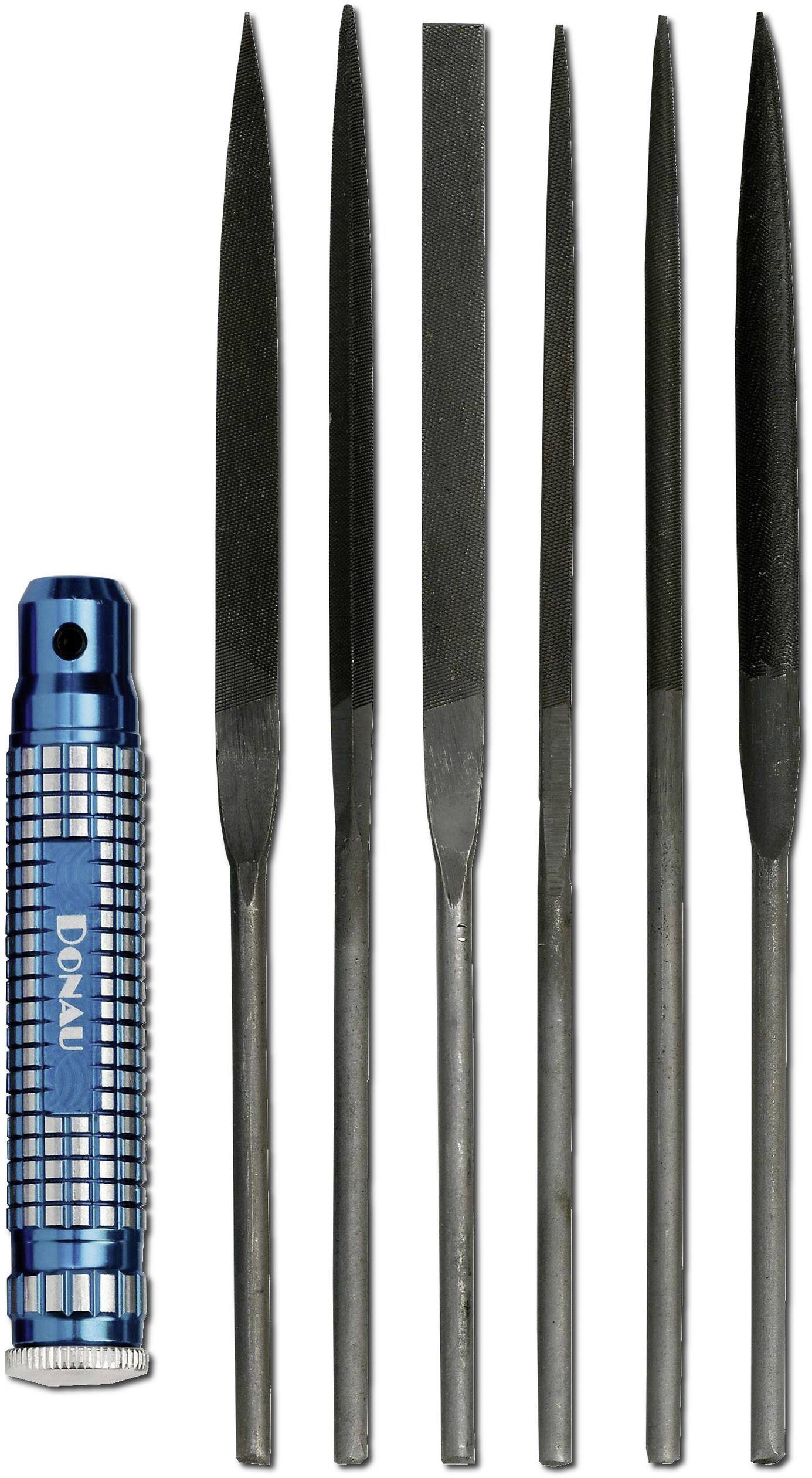 Un set di sei lime metalliche di forme diverse accanto a un manico metallico blu.