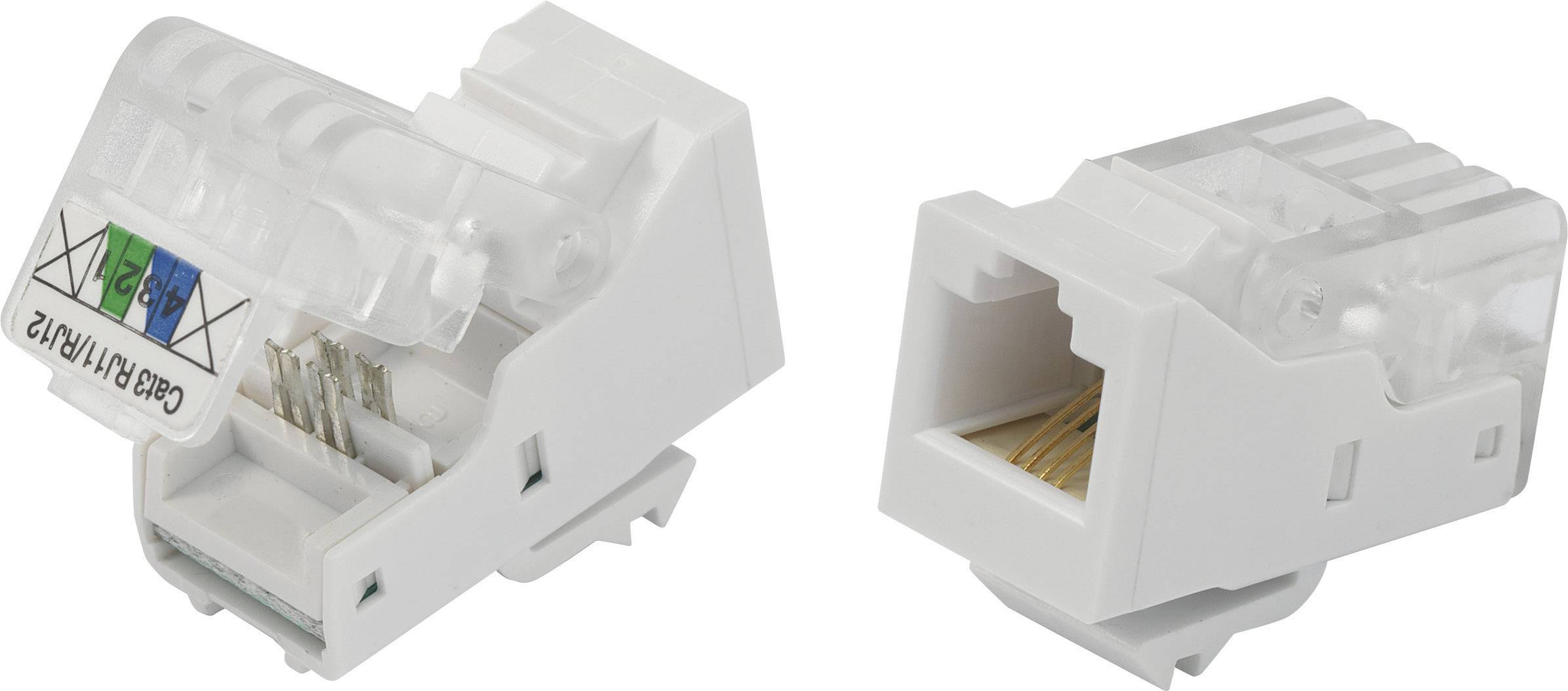 Due jack Ethernet bianchi, uno con il coperchio aperto e connettori dei cavi contrassegnati a colori, l'altro chiuso.