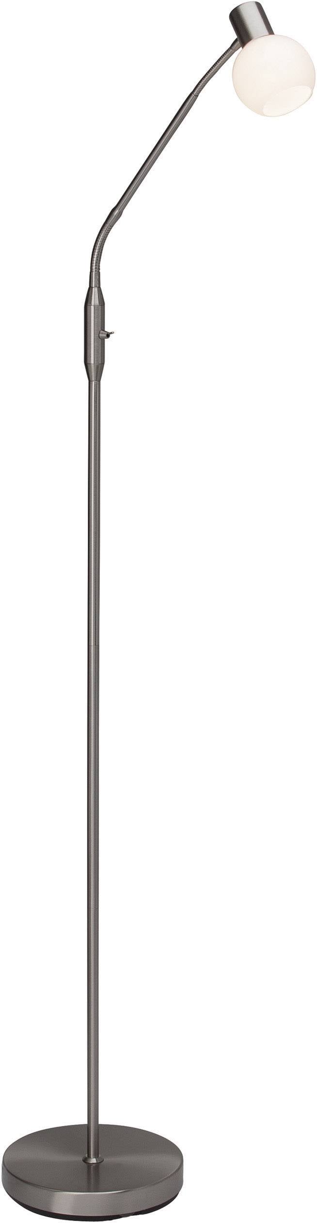 Lampada da terra dal design sottile e curvo, con testa luminosa rotonda e bianca. Perfetta per ambienti interni moderni.