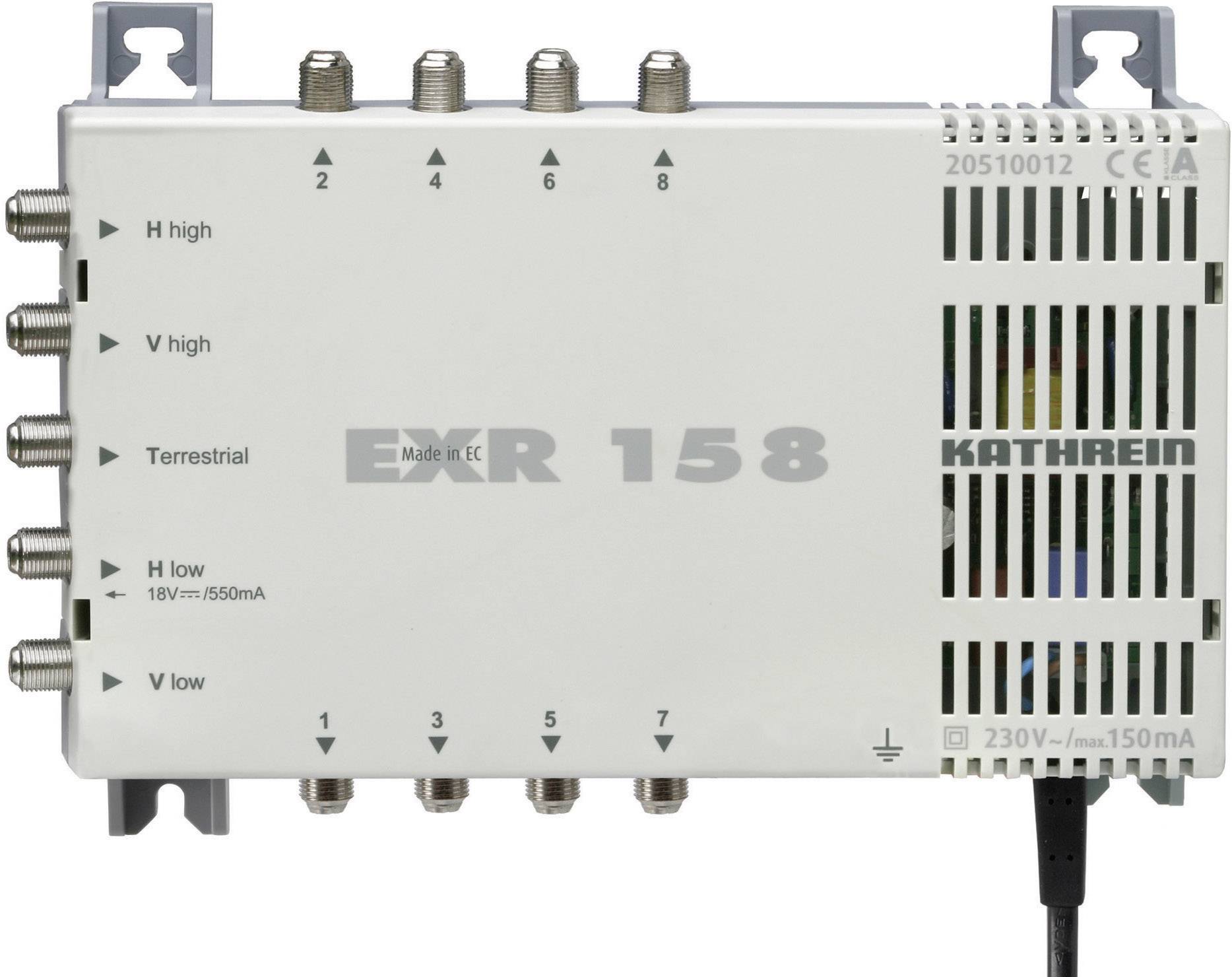 L'immagine mostra un multiswitch EXR 158 di Kathrein con connessioni per segnali satellitari e terrestri, idoneo per la ricezione televisiva.