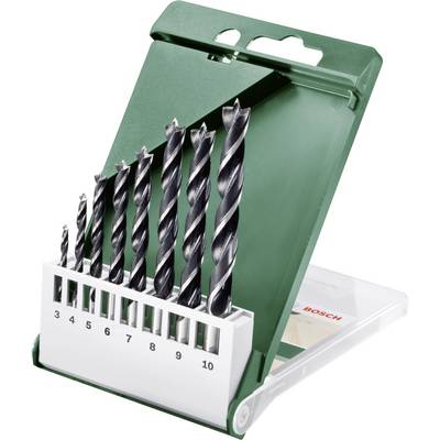 Un set di sette punte da trapano in metallo in un astuccio verde in plastica, numerate da 3 a 10, per forature precise in diverse dimensioni.