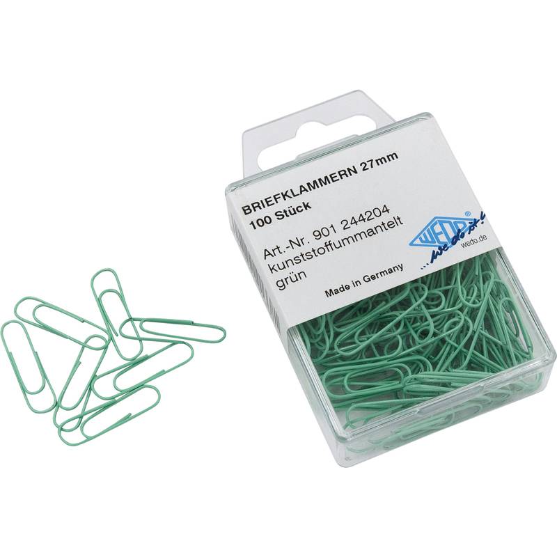 WEDO Büroklammern kunststoffummantelt, Länge: 27 mm, grün aus Metall mit Plastiküberzug, in SB-Klarsichtdose (901 244204