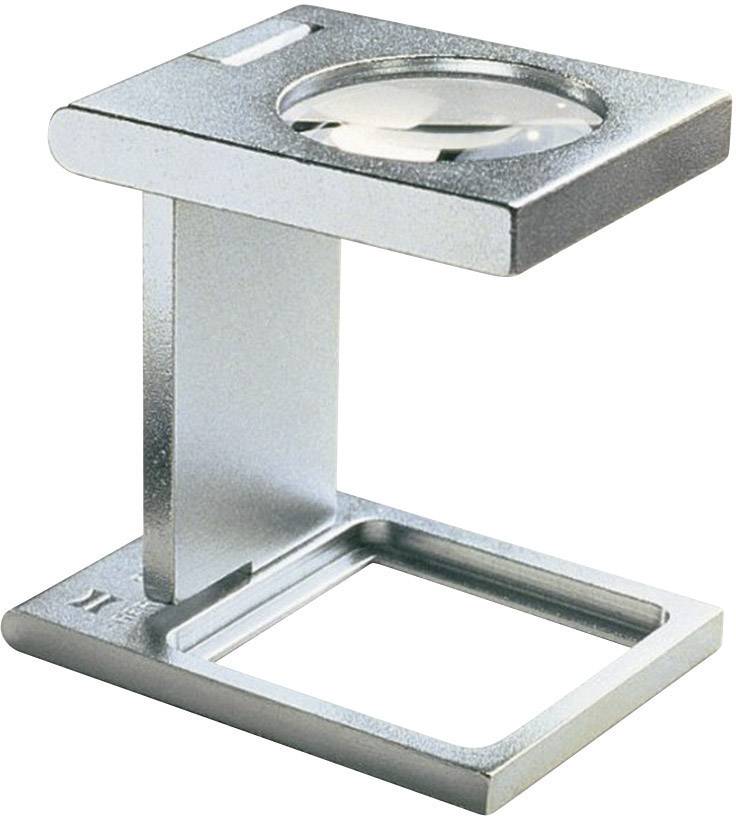 Uno strumento lente d'ingrandimento con filo d'argento, dotato di base rettangolare e meccanismo pieghevole, utilizzato per ingrandire piccoli dettagli nei tessuti.