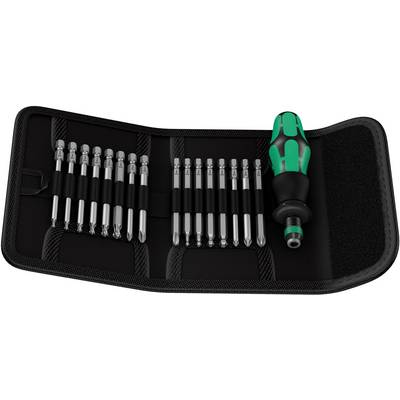 Set di utensili con un cacciavite e 15 bit diversi in una borsa nera aperta.