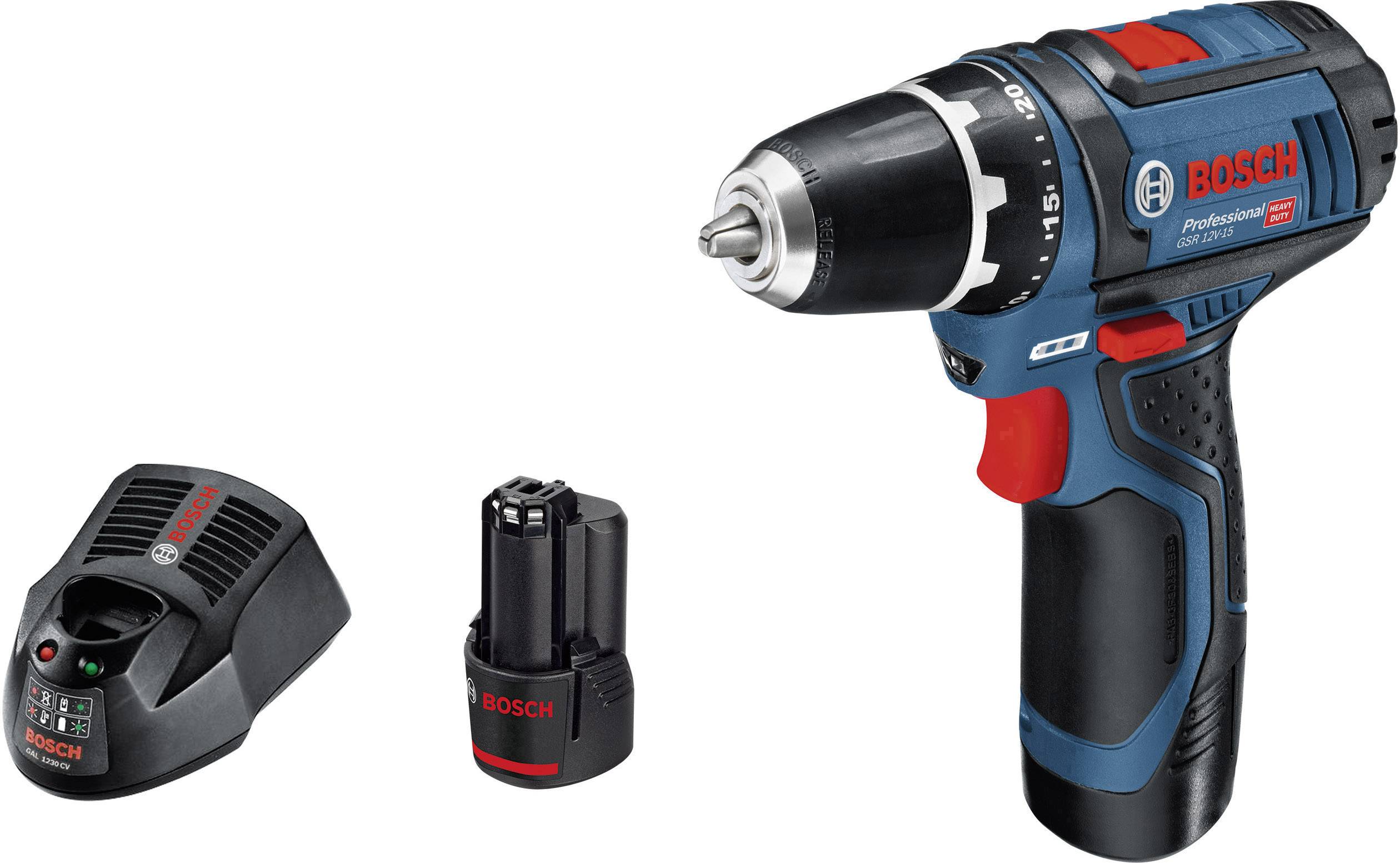 Set di avvitatore/trapano a batteria con caricabatterie, batteria e avvitatore. Il colore principale è blu, marca Bosch. Adatto per applicazioni versatili.