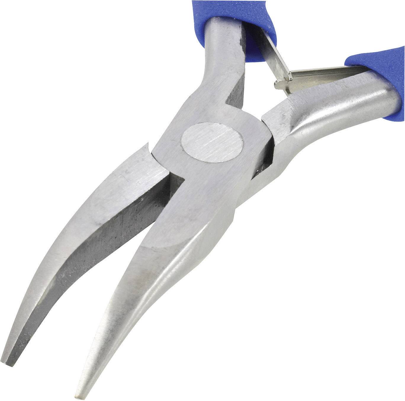 Una pinza d'argento con manici blu, aperta, su sfondo bianco.