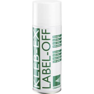 Bomboletta spray KLEB-EX Label-Off di Cramolin per la rimozione di etichette adesive, bianca con etichetta verde e descrizione del prodotto.