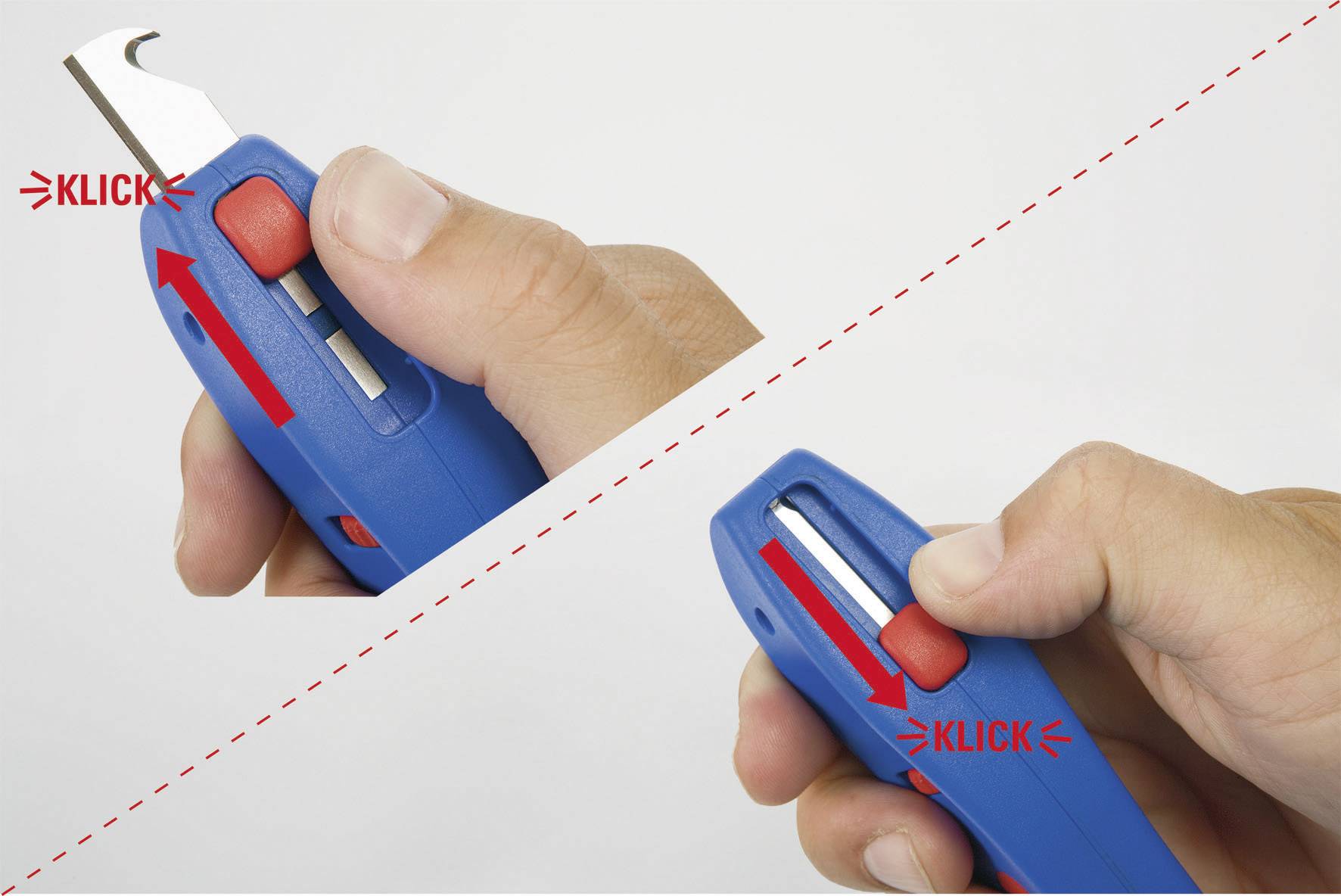 Una persona tiene un coltello di sicurezza e fa scorrere la lama con una pressione del pollice. Frecce e 'CLICK' mostrano i passaggi di utilizzo.