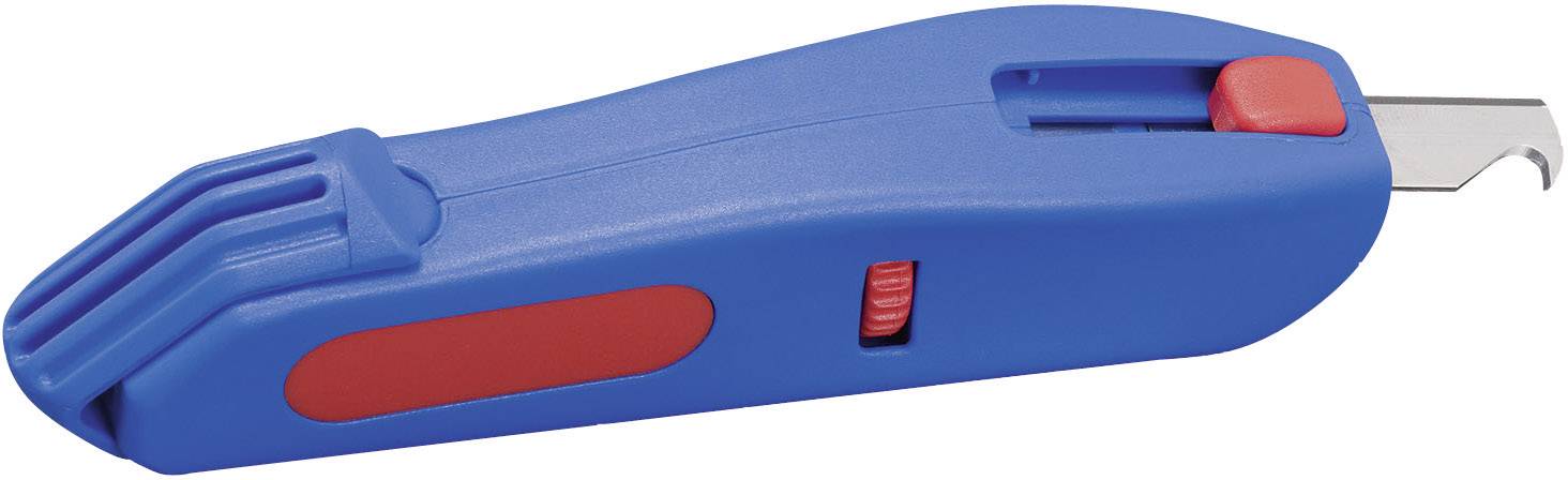Utensile da taglio blu con lama ritraibile e pulsante di sicurezza rosso, utilizzato per aprire imballaggi.