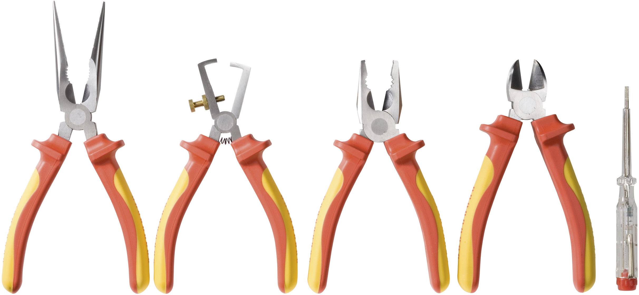 Quattro utensili: un paio di pinze a becco appuntito, una pinza per anelli elastici, una pinza universale e un tronchese, disposti l'uno accanto all'altro.