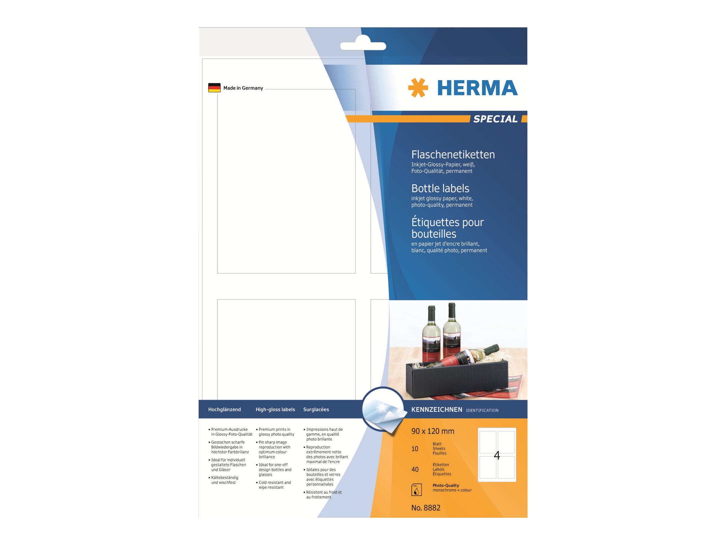 HERMA Special - Selbstklebende Flaschenetiketten, hochglänzend - weiß - 90 x 120 mm 40 Etikett(en) (10 Bogen x 4) (8882)-0