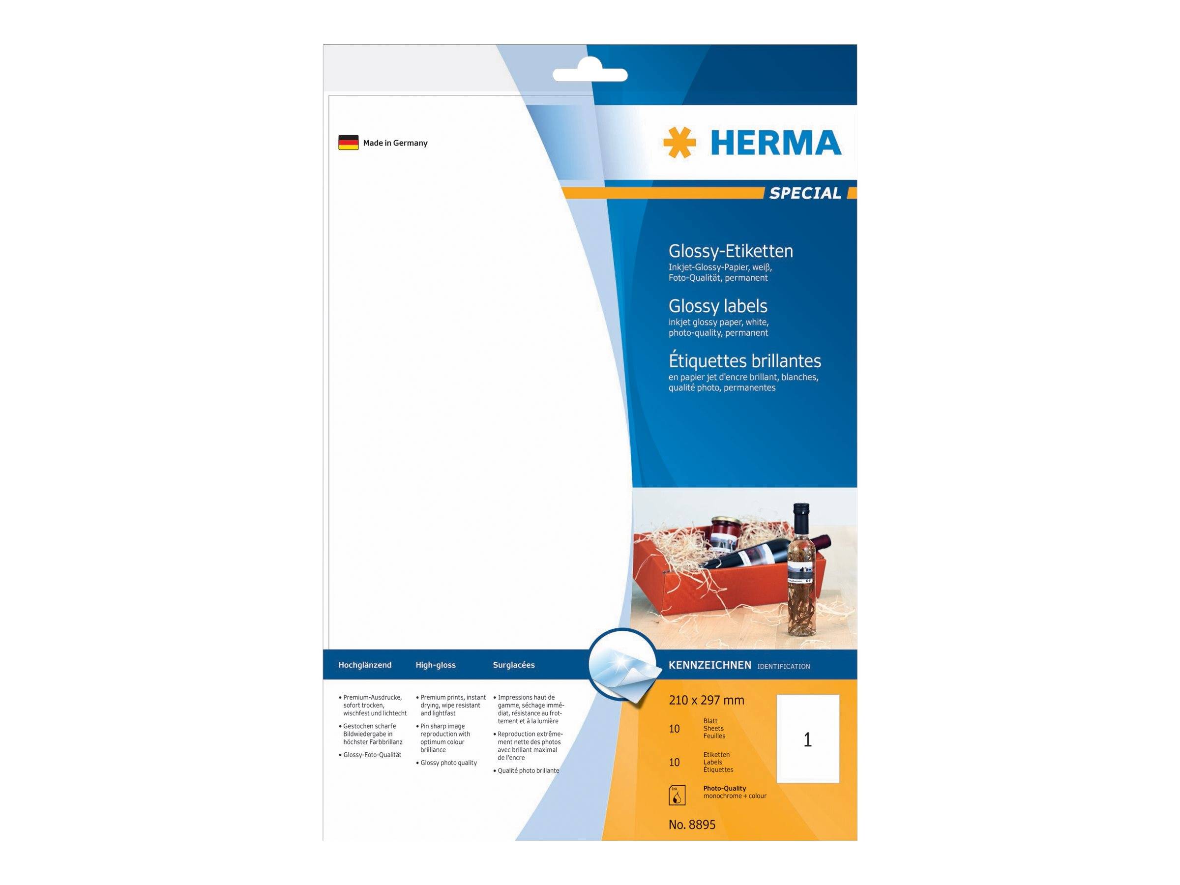 HERMA InkPrint - Selbstklebende Etiketten, glänzend - weiß - A4 (210 x 297 mm) - 10 Stck. (10 Bogen x 1) (8895)-0