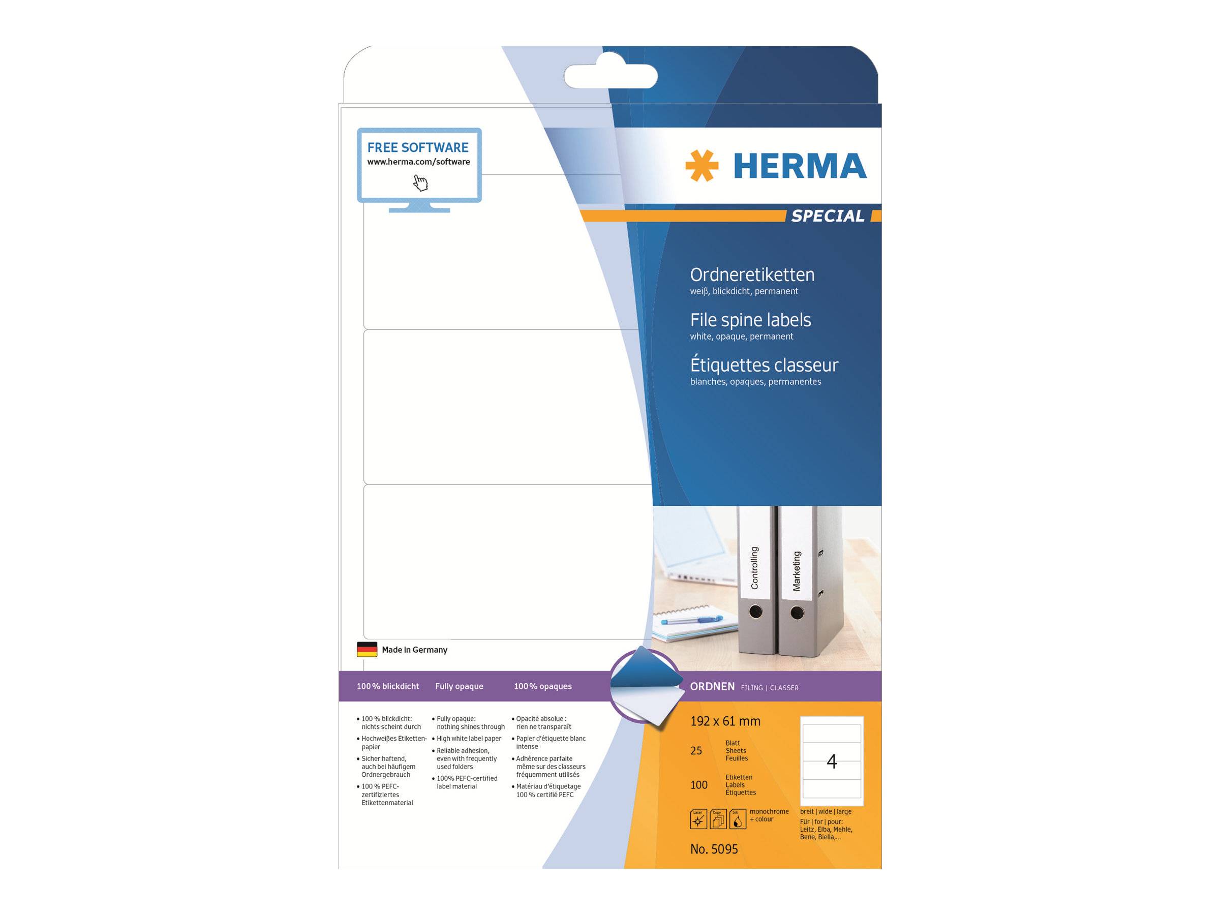 HERMA Special - Permanent selbstklebende, matte, lichtundurchlässige Aktenetiketten aus Papier - weiß - 192 x 61 mm - 10-0