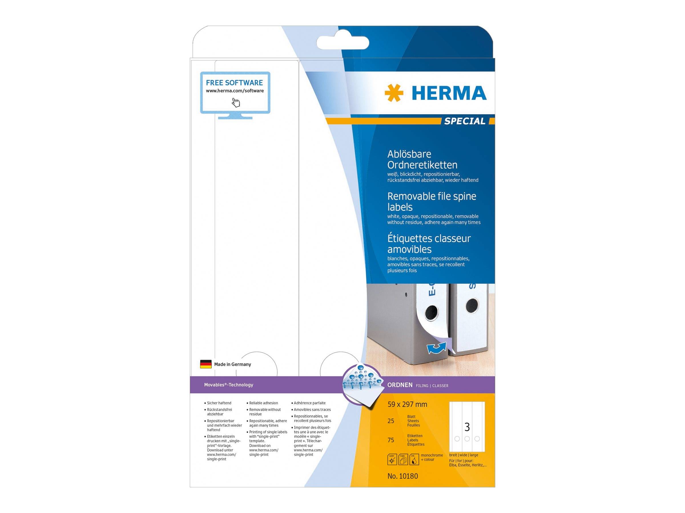 HERMA Special - Selbstklebende, entfernbare, matte, lichtdichte Aktenordneretiketten aus Papier - weiß - 59 x 297 mm - 7-0