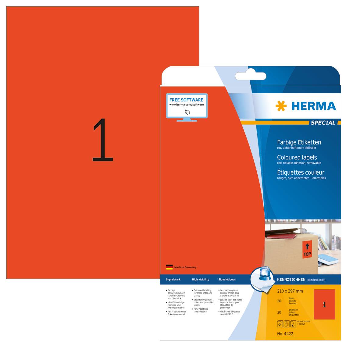 HERMA Special - Permanent self-adhesive matte paper labels - Rot - A4 (210 x 297 mm) - 20 Etikett(en) (20 Bogen x 1) (44-7