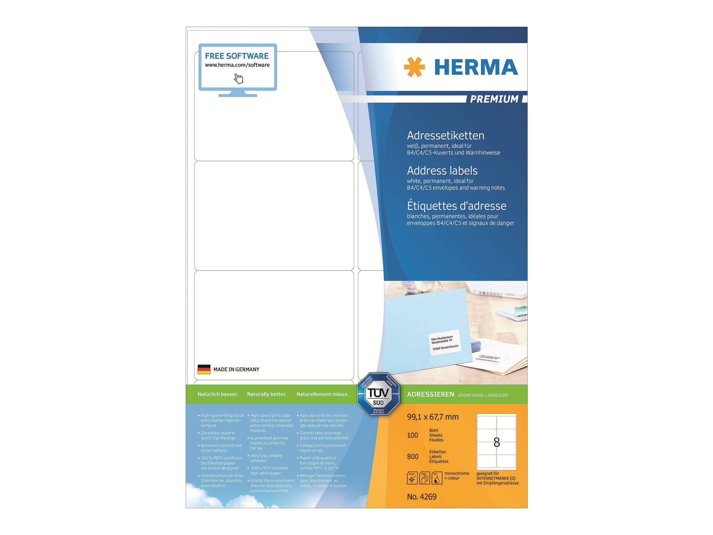 HERMA SuperPrint - Selbstklebende Etiketten - weiß - 67,7 x 99,1 mm - 800 Stck. (4269)-0