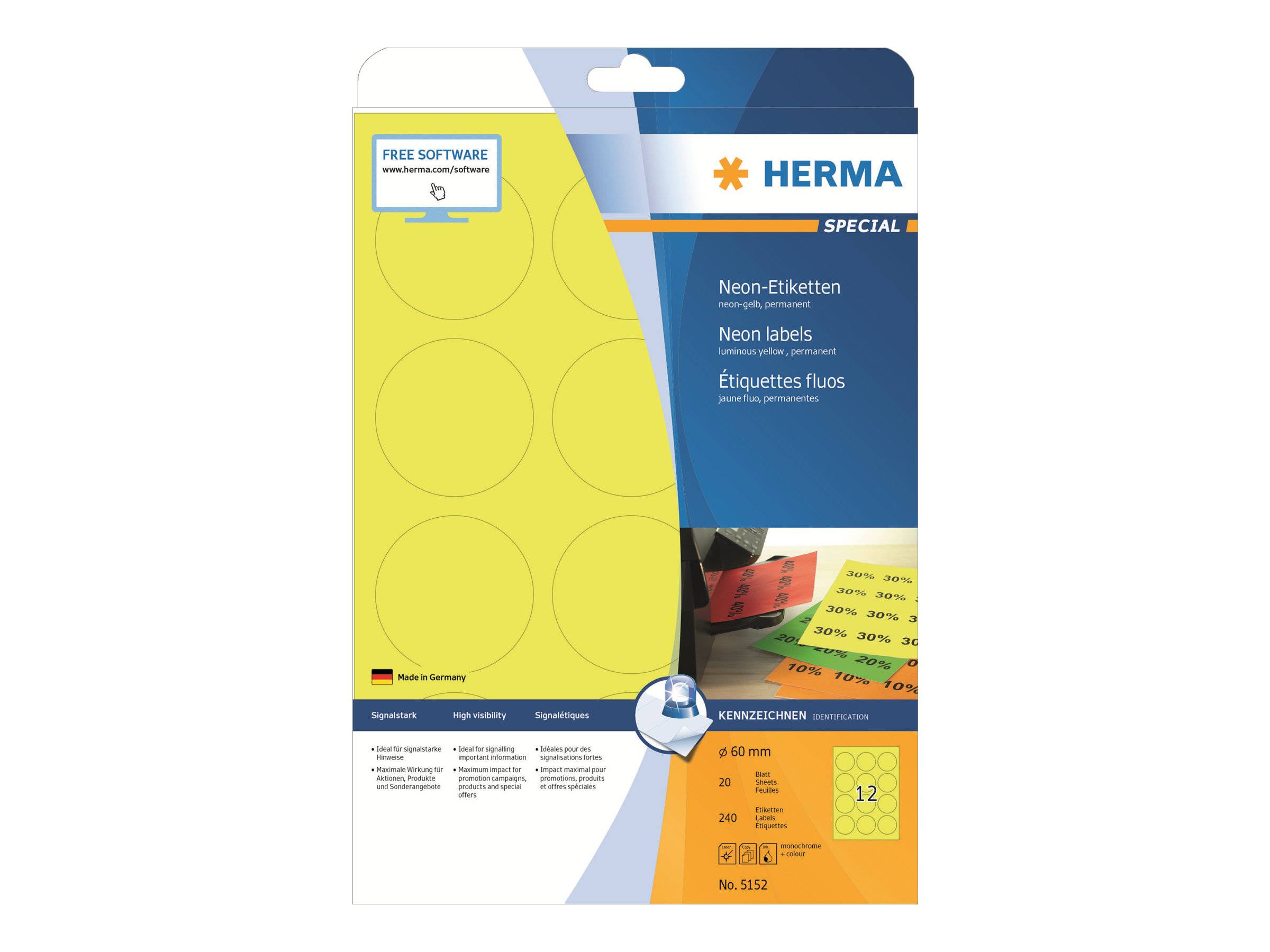 HERMA Special - Permanent selbstklebende, matte, fluoreszierende Papieretiketten - Leuchtendes Gelb - 60 mm rund - 240 E