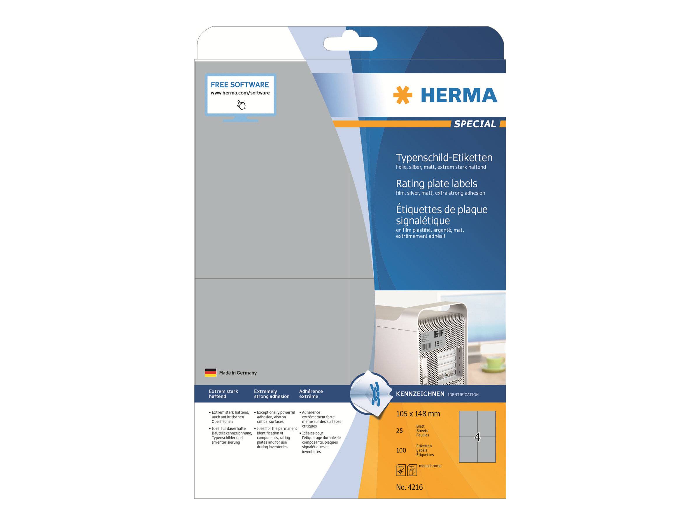HERMA Special - Selbstklebende matte Polyesterfolienetiketten - Silber - 105 x 148 mm 100 Etikett(en) (25 Bogen x 4) (42-0