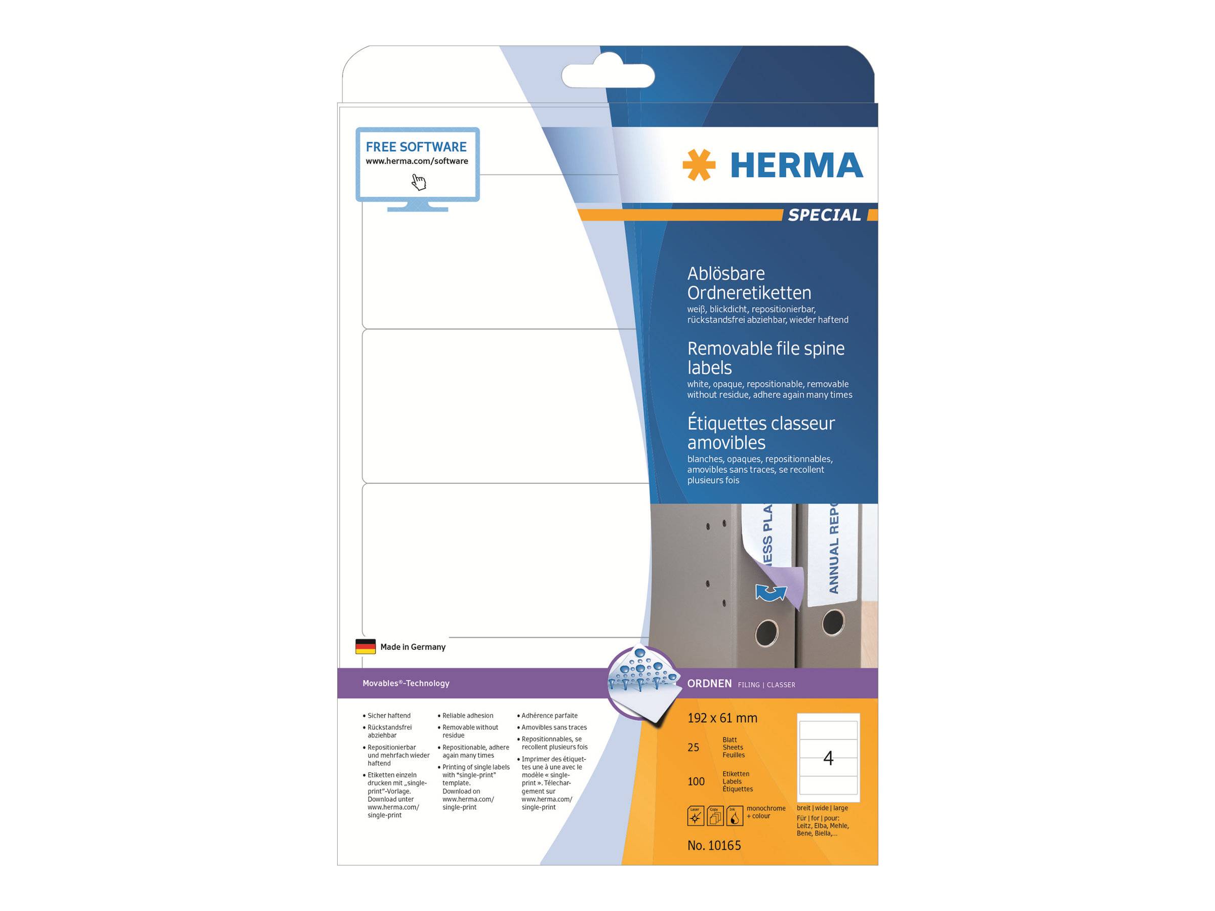 HERMA Special - Selbstklebende, entfernbare, matte, lichtdichte Aktenordneretiketten aus Papier - weiß - 192 x 61 mm - 1