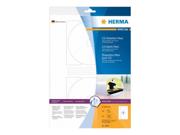 HERMA CD-Etiketten Maxi A4 Ø 116 mm weiß Papier matt blickdicht 20 St. - Weiß - Selbstklebendes Druckeretikett - A4 - Pa