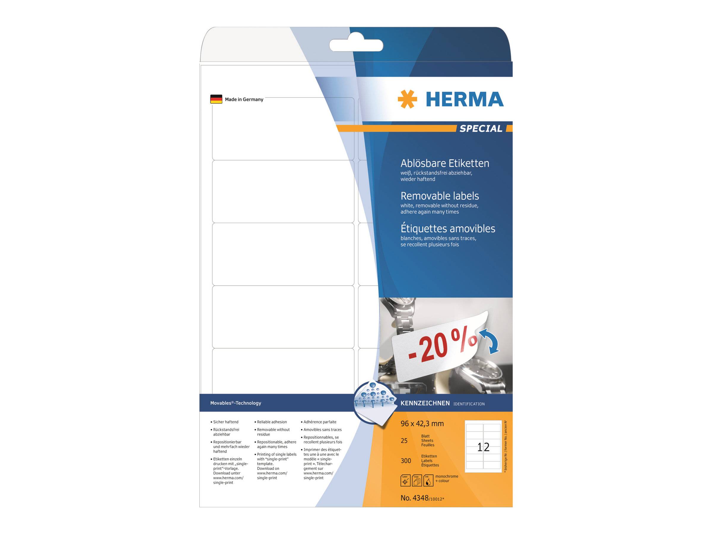 HERMA Special - Selbstklebende, abziehbare, matte Papieretiketten - weiß - 96 x 42,3 mm - 300 Etikett(en) (25 Bogen x 12-4