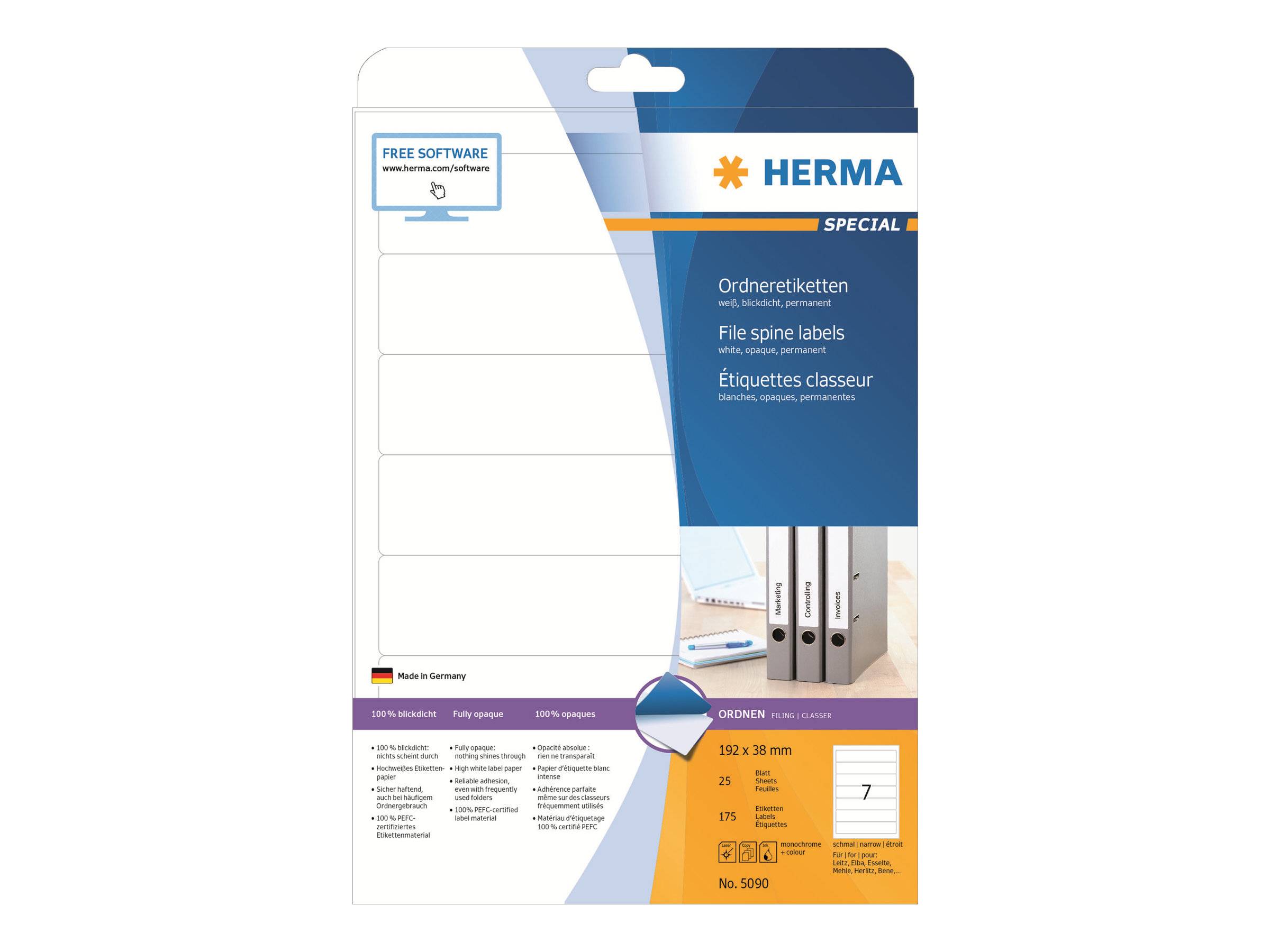 HERMA Special - Permanent selbstklebende, matte, lichtundurchlässige Aktenetiketten aus Papier - weiß - 192 x 38 mm - 17-0