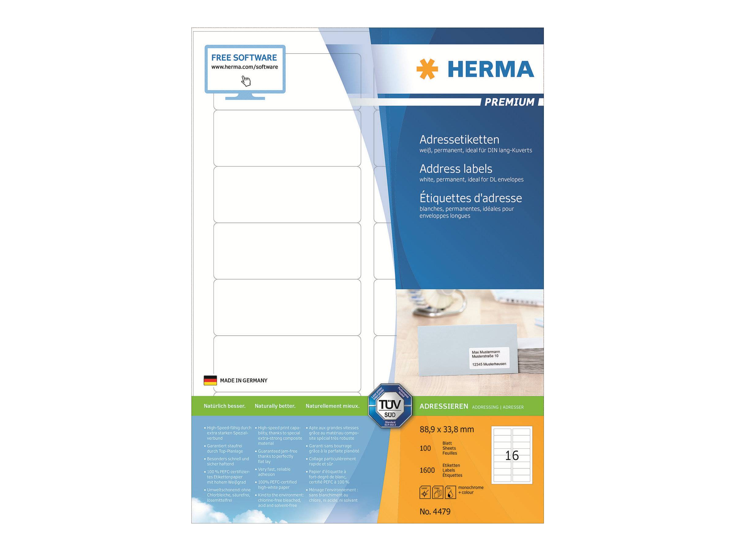 HERMA SuperPrint - Adressetiketten - weiß - 33,8 x 88,9 mm - 1600 Stck. (100 Bogen x 16) (4479)-0