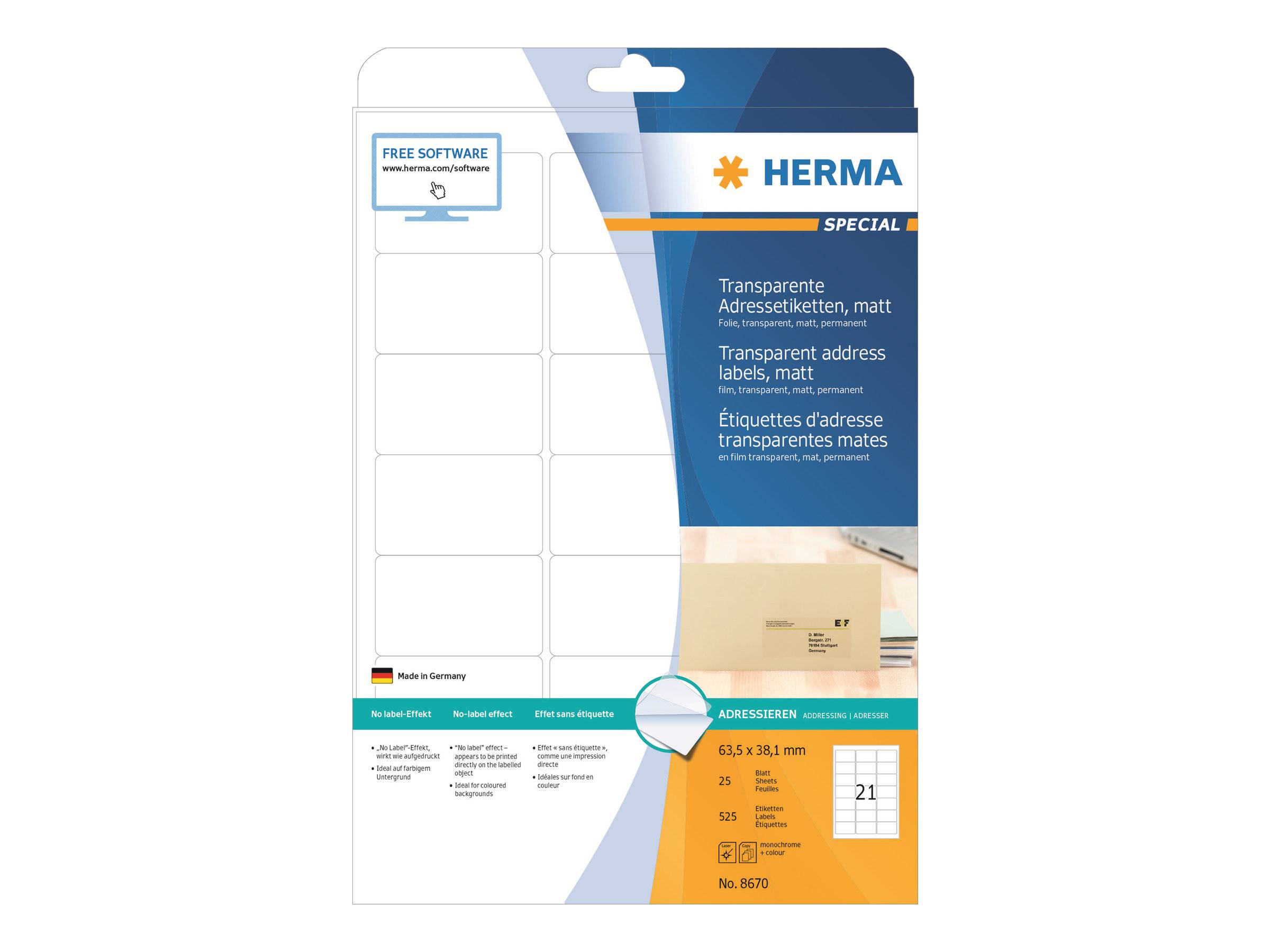 HERMA Special - Selbstklebende Adressetiketten (matt) - durchsichtig - 63,5 x 38,1 mm 525 Etikett(en) (25 Bogen x 21) (8-0