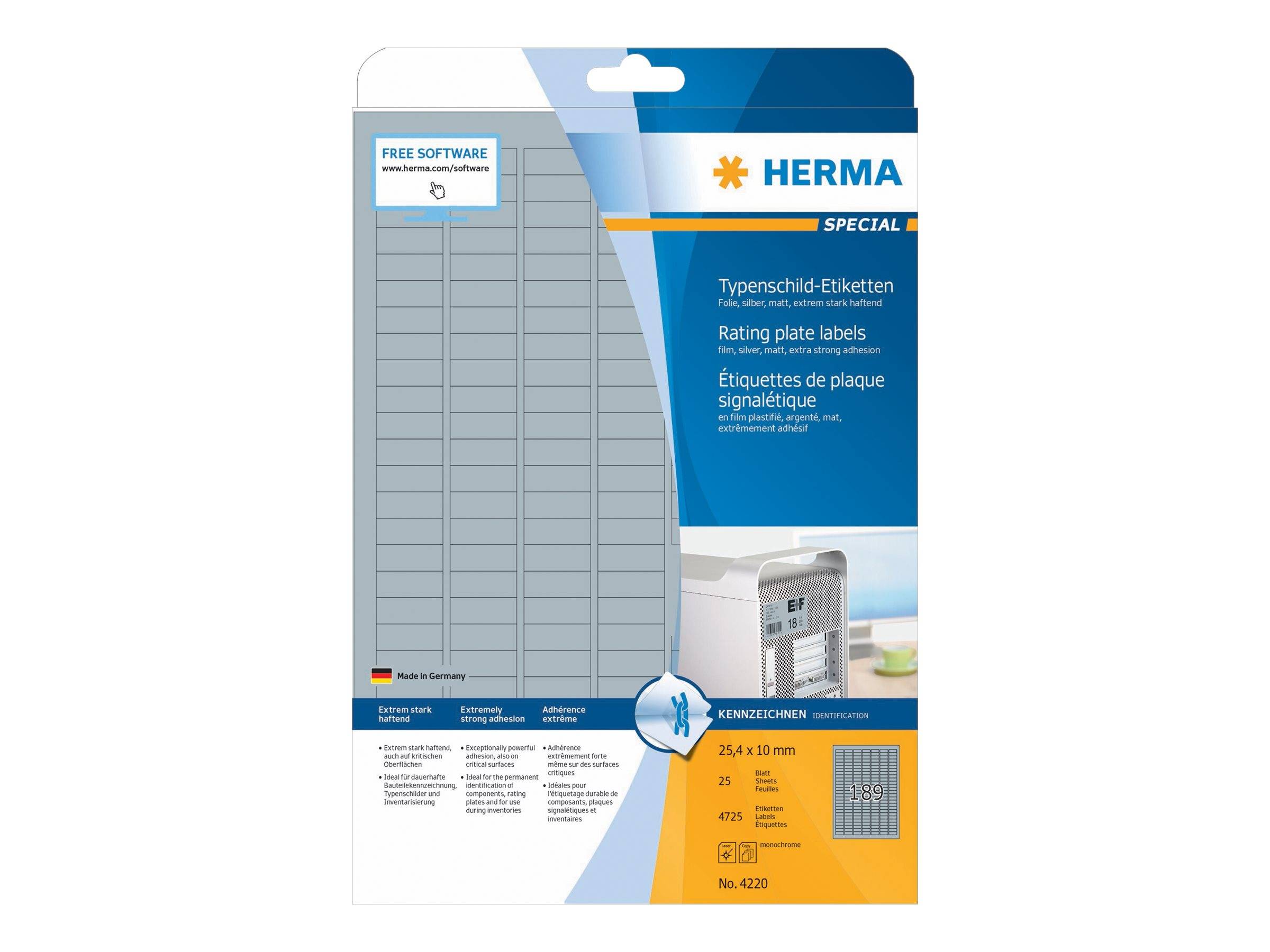 HERMA SuperPrint LaserCopy - Folienetiketten - Silber - 25 x 10 mm - 4725 Stck. (25 Bogen x 189) (4220)-0
