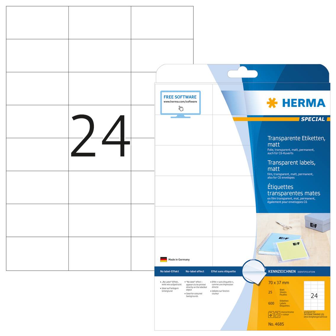 HERMA SuperPrint - Folienetiketten - durchsichtig - 37 x 70 mm - 600 Stck. (25 Bogen x 24) (4685)-7